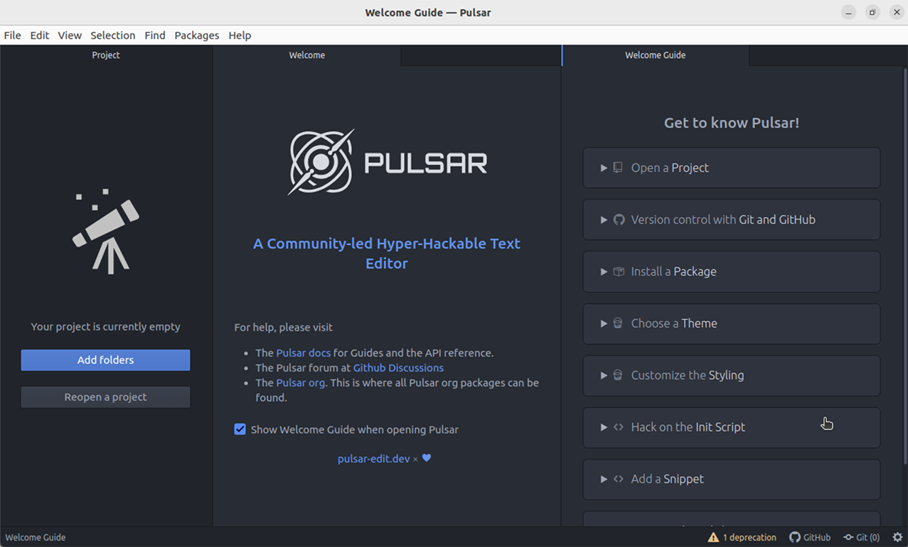 Pulsar’s welcome screen