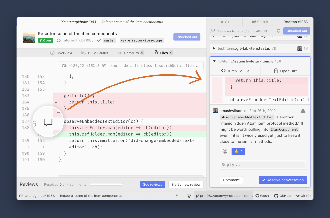 Open review tab from diff Open review tab from diff