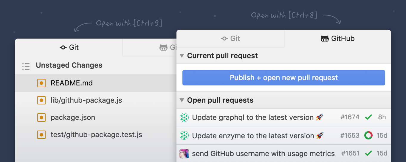The Git and GitHub panels The Git and GitHub panels