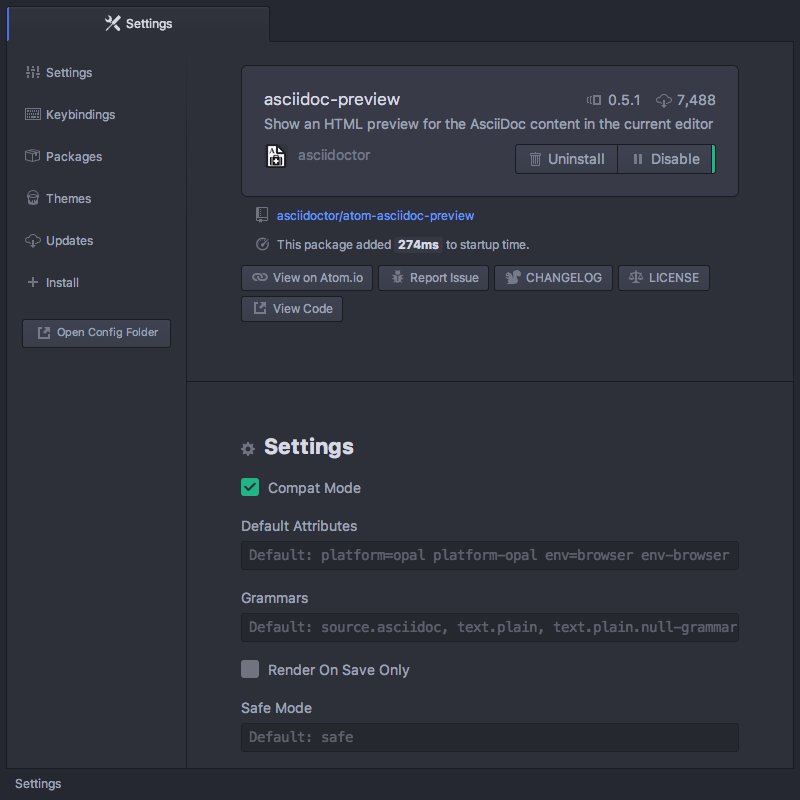Package settings screen